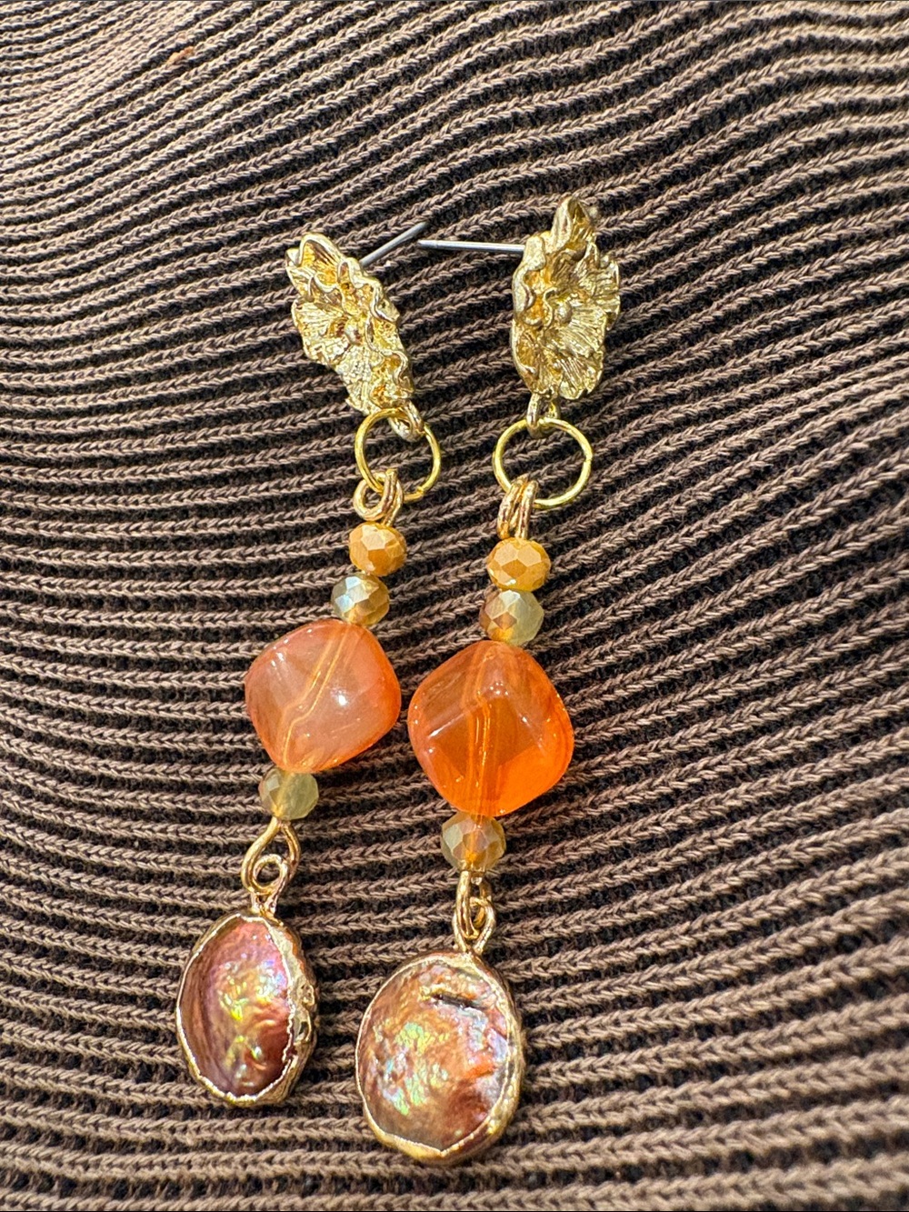 Gold-Tone Orange Beaded Dangle Earrings with Iridescent Shell Drops-NWT